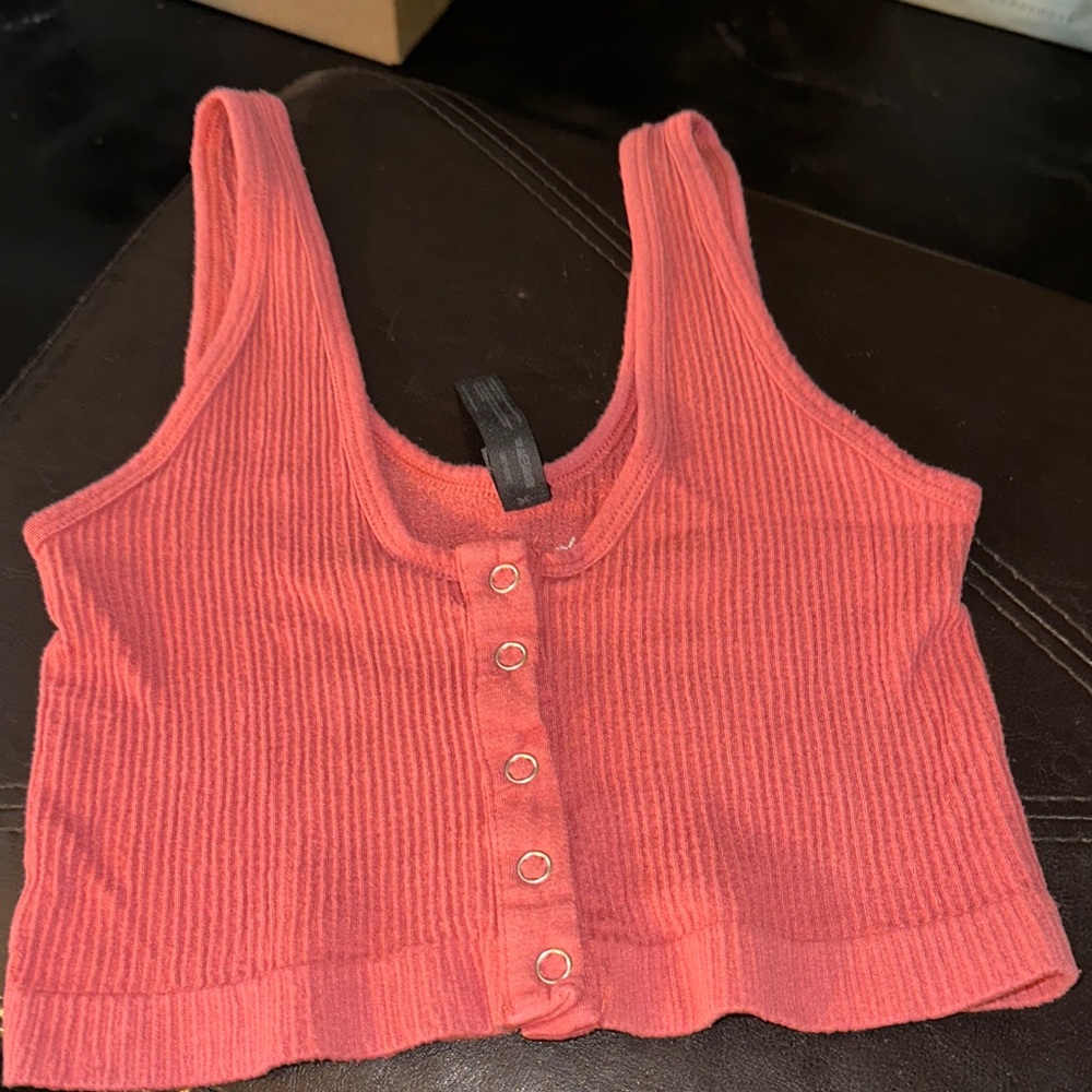 Out From Under cropped, ribbed henley-style tank top with a snap-button, M.